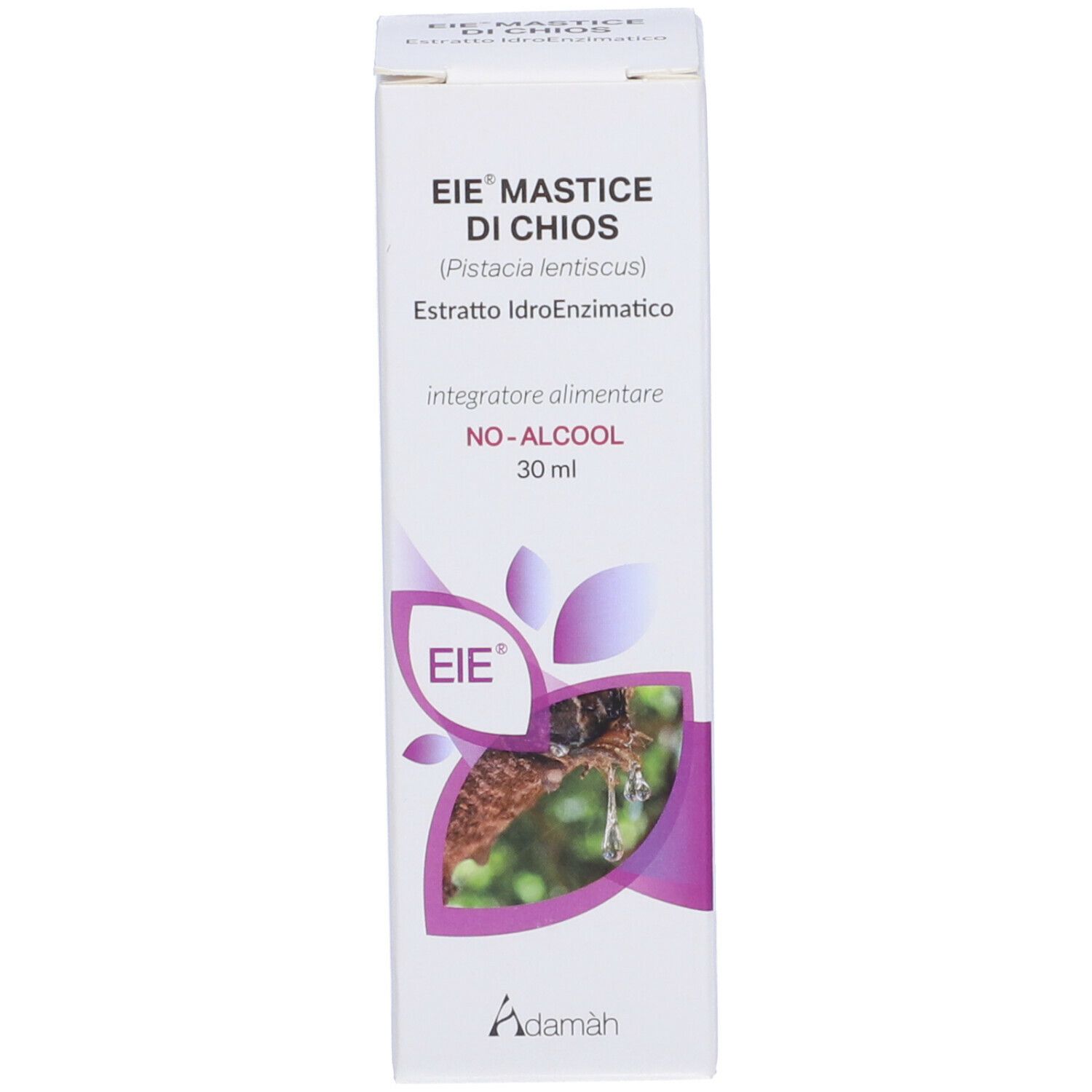 Emballage blanc avec accents violets. Inscription : EIE Mastice di Chios, 30 ml, no-alcool.