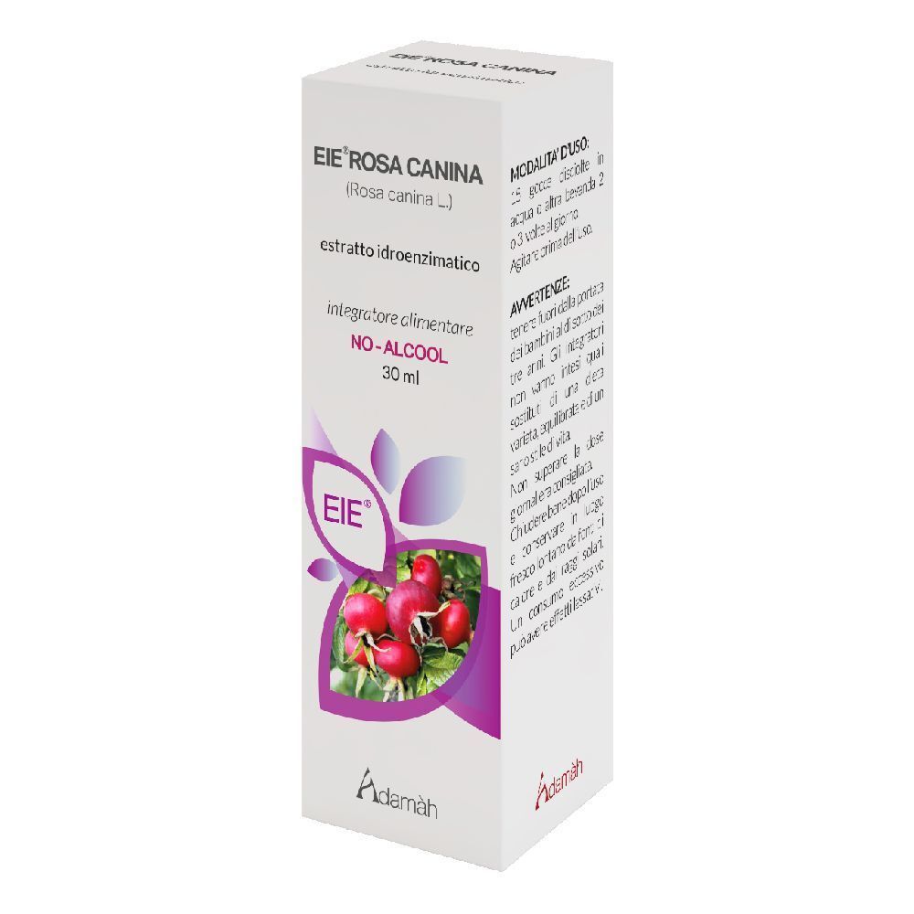 Boîte blanche avec nom du produit et illustration de cynorhodons. Texte: EIE Rosa Canina, 30 ml, NO-ALCOOL.