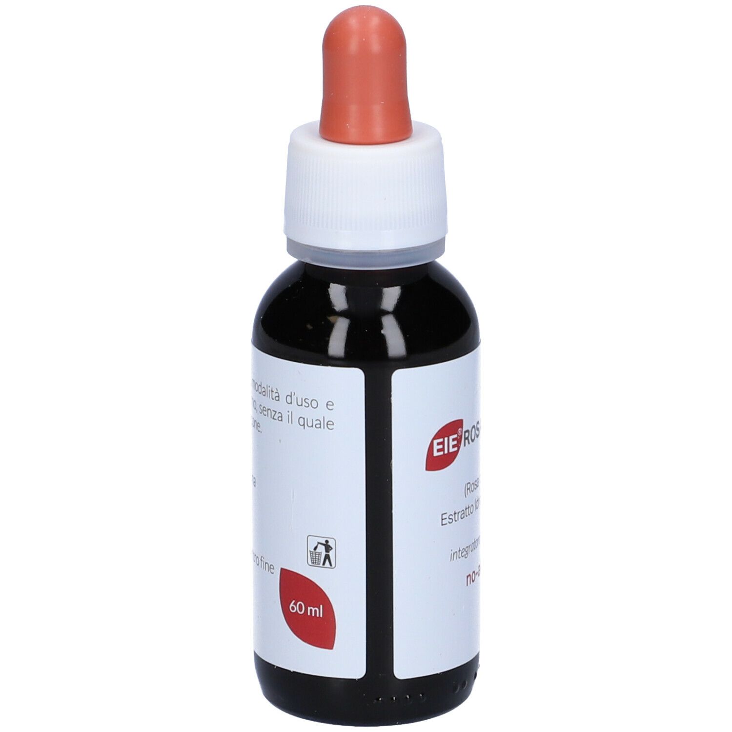 Flacon en verre brun avec compte-gouttes. Étiquette avec nom du produit et texte: EIE Rosa Canina, 60 ml, no-alcool.