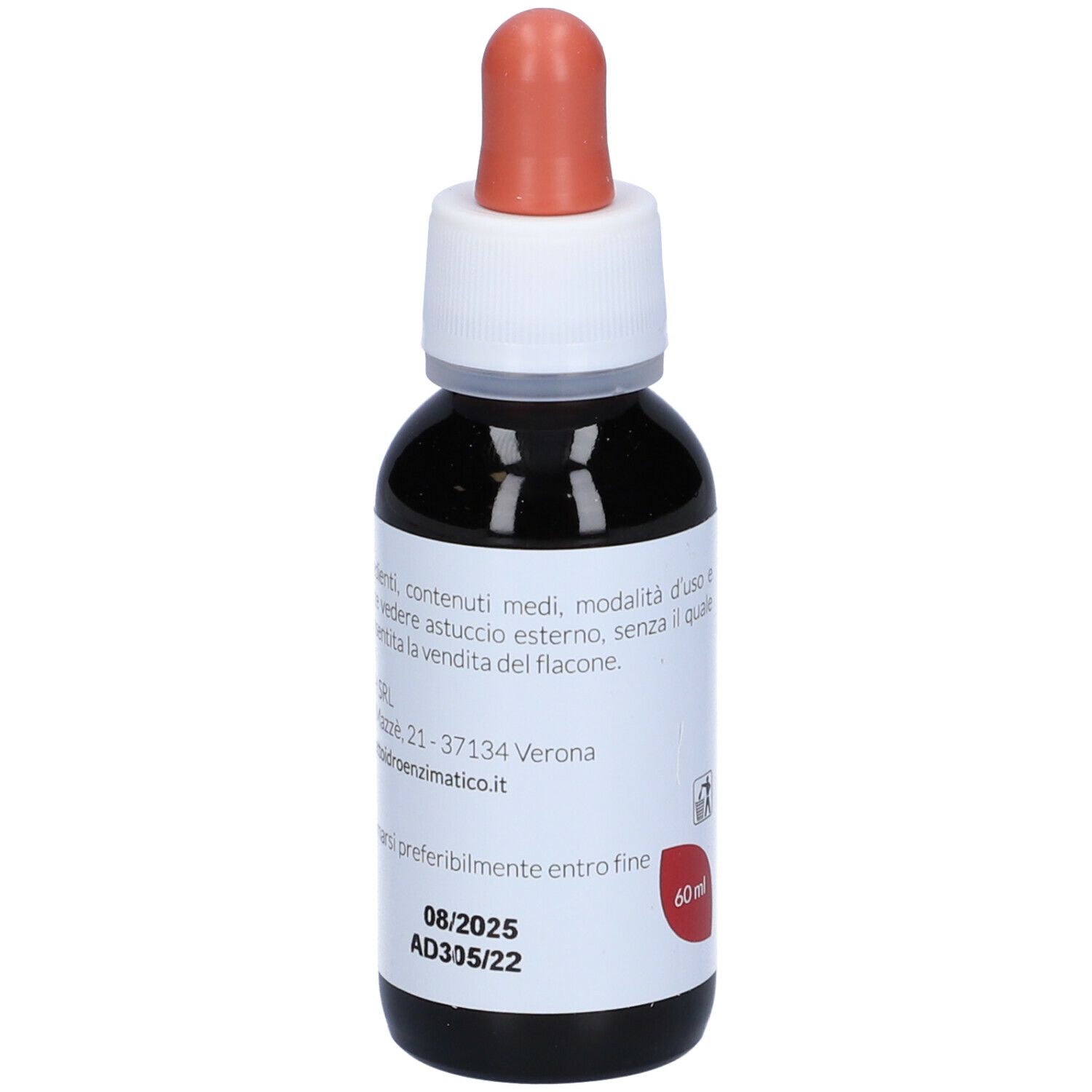 Flacon en verre brun avec compte-gouttes. Étiquette avec nom du produit et texte: EIE Rosa Canina, 60 ml, no-alcool.