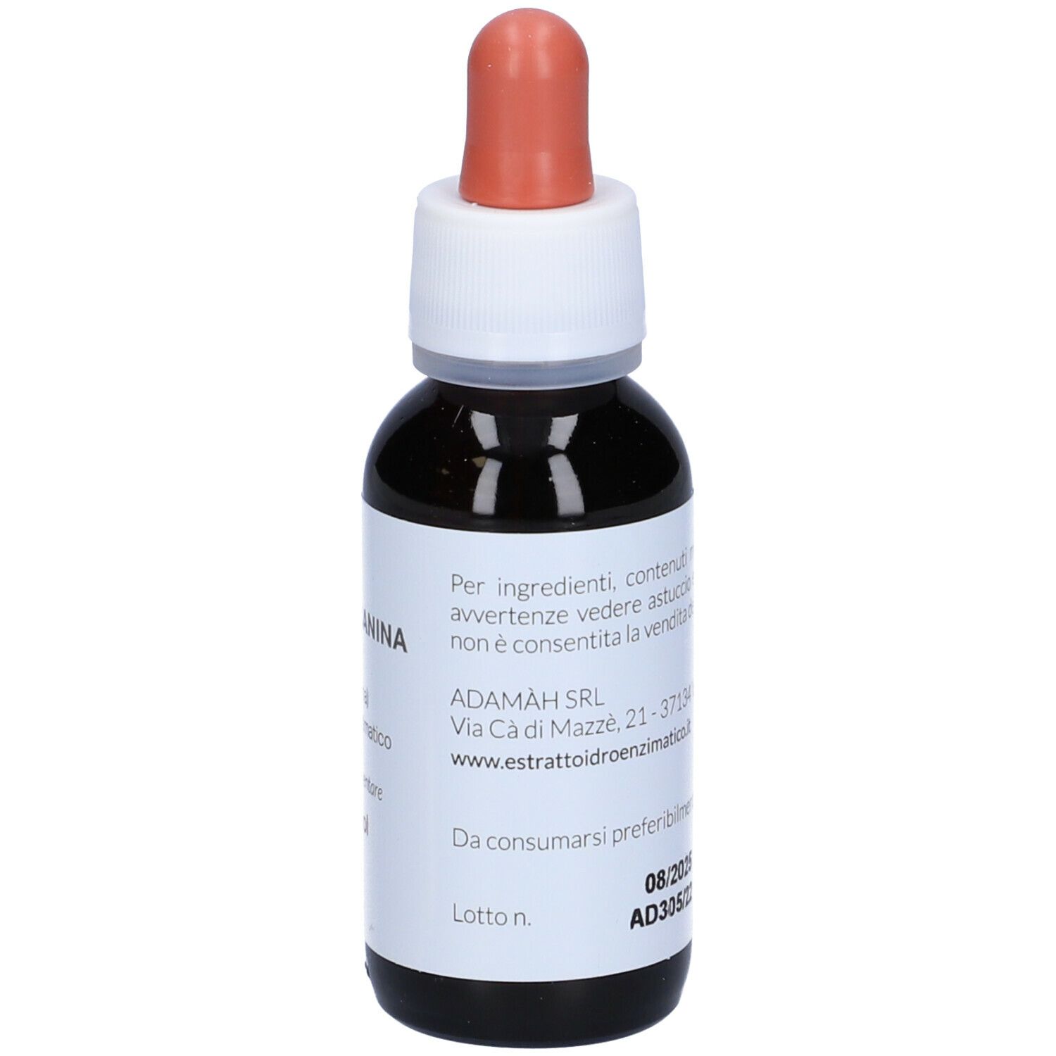 Flacon en verre brun avec compte-gouttes. Étiquette avec nom du produit et texte: EIE Rosa Canina, 60 ml, no-alcool.