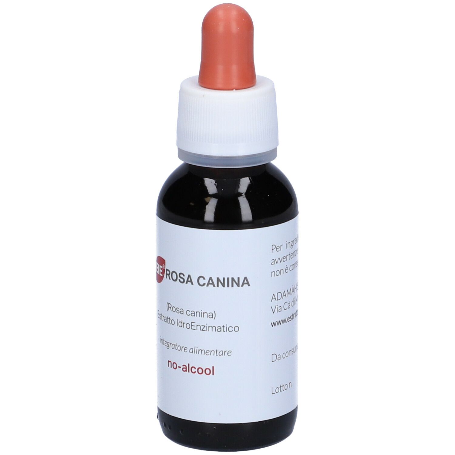 Flacon en verre brun avec compte-gouttes. Étiquette avec nom du produit et texte: EIE Rosa Canina, 60 ml, no-alcool.