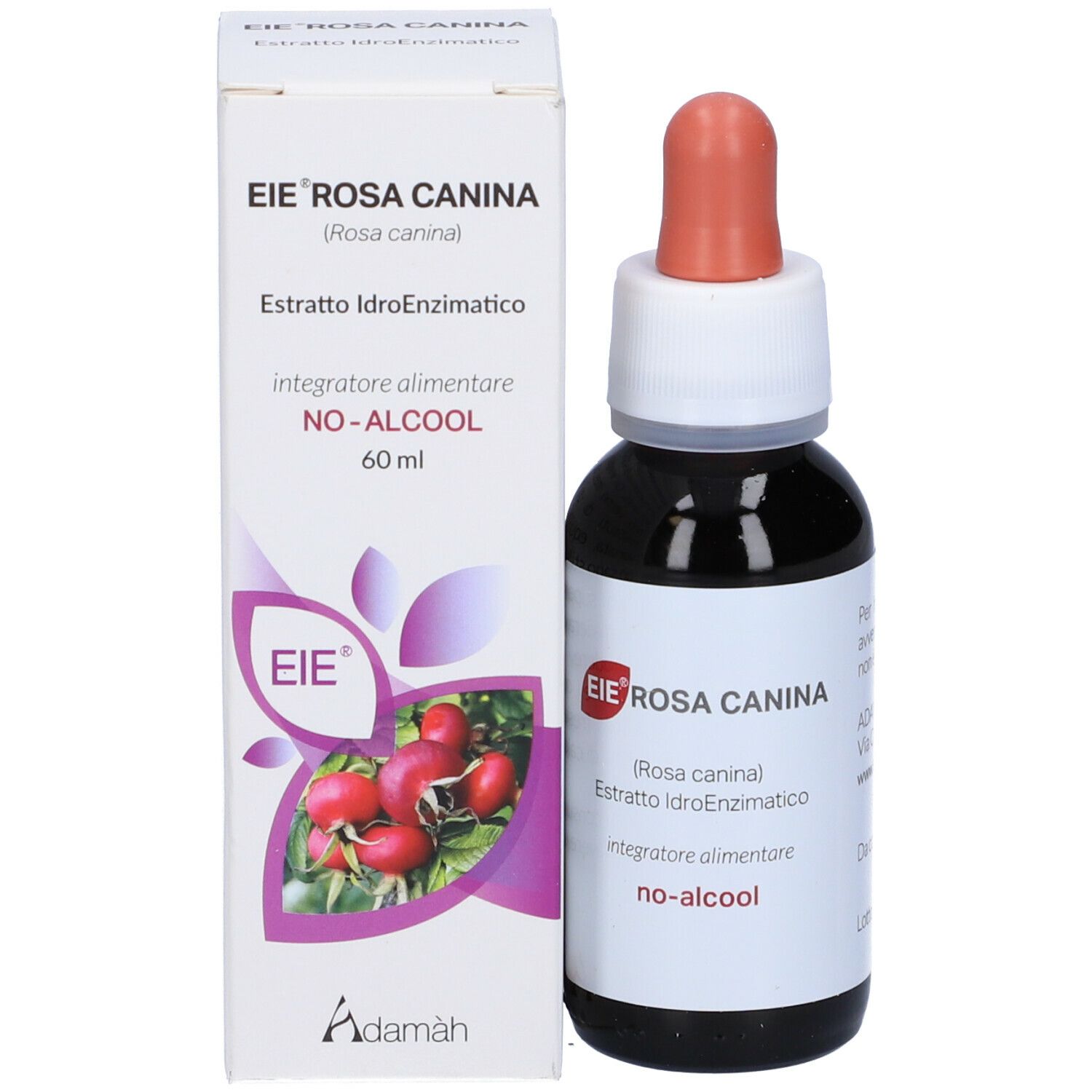 Flacon en verre brun avec compte-gouttes. Étiquette avec nom du produit et texte: EIE Rosa Canina, no-alcool.