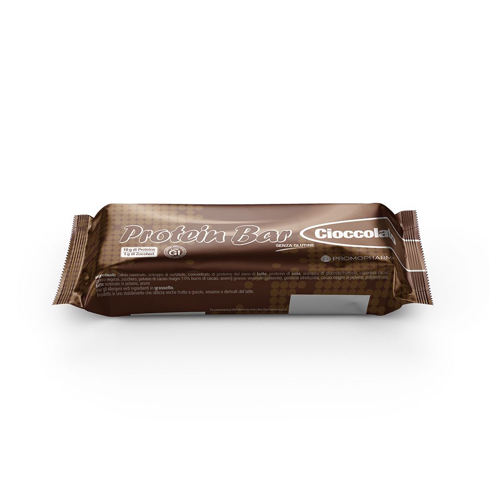 Proteinriegel Cioccolato in brauner Verpackung. Text: Protein Bar Cioccolato.