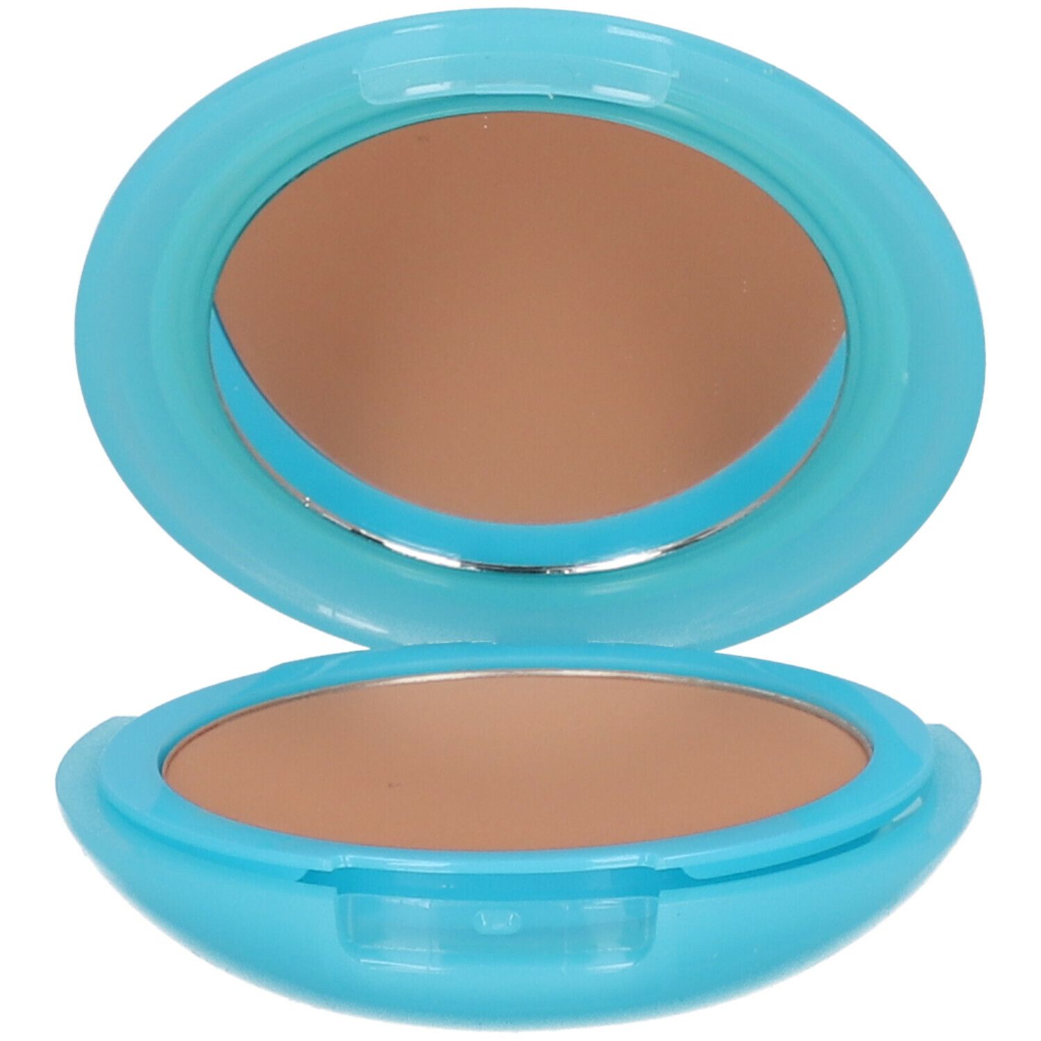 Fond de teint compact avec miroir. Boîtier ovale bleu clair, poudre brune. Couvercle ouvert.