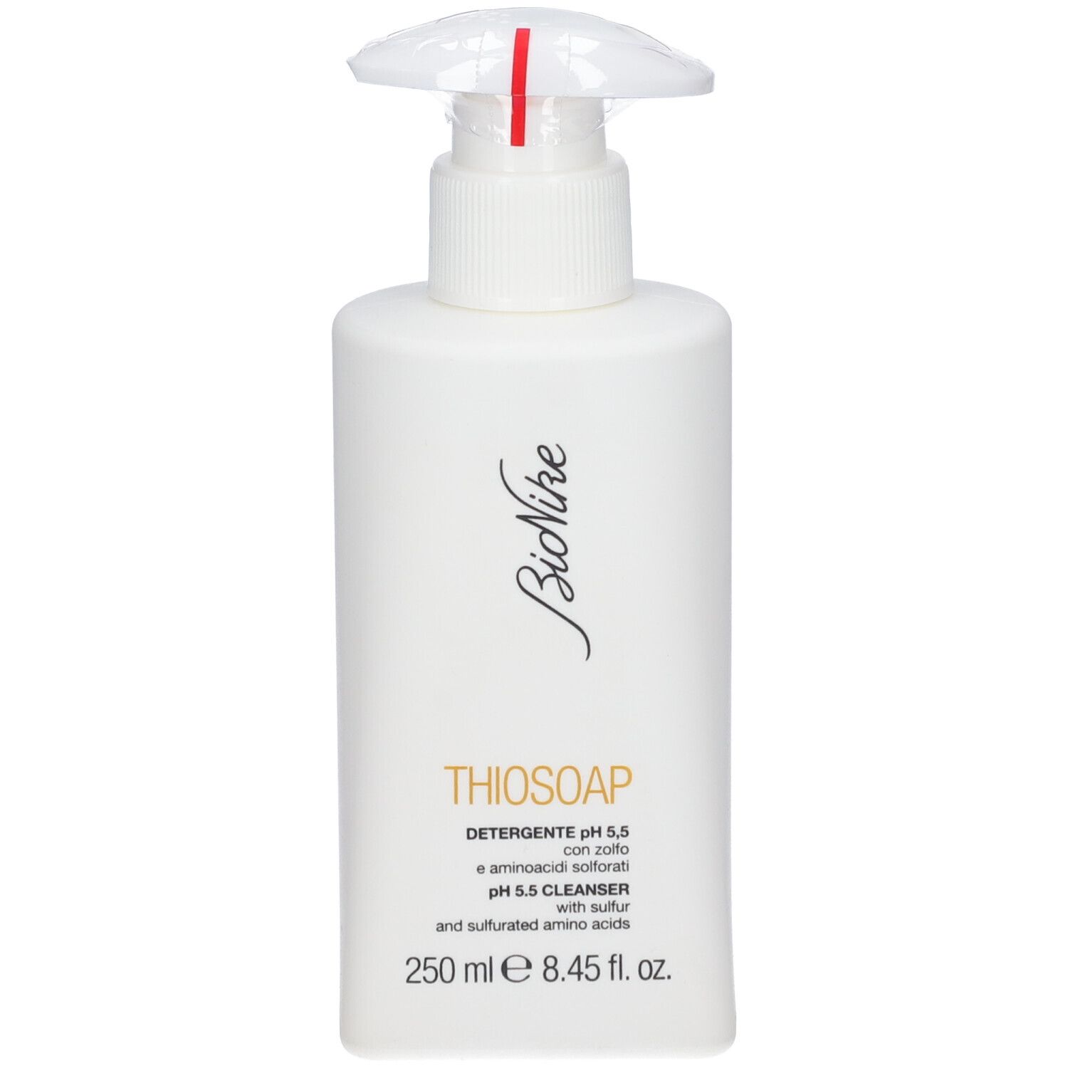 Flacon blanc avec pompe. Inscription THIOSOAP, pH 5,5, BioNike. Contient 250 ml.