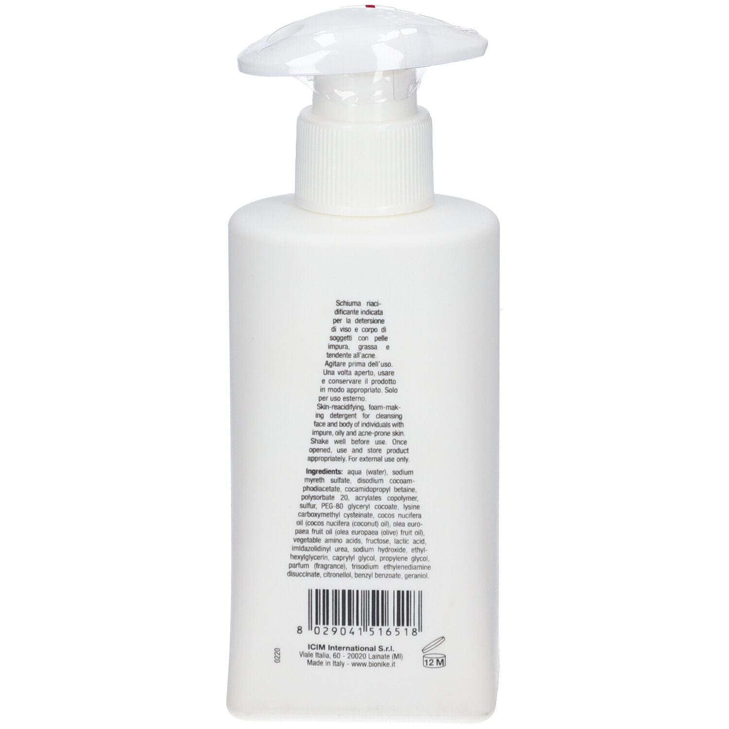 Dos du flacon blanc. Texte multilingue. Contient ingrédients et instructions d'utilisation.