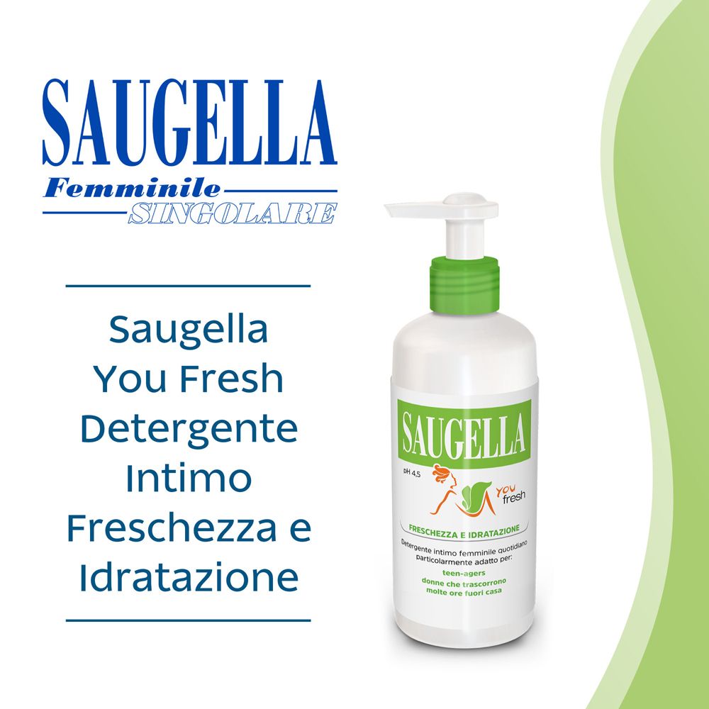 Logo Saugella et flacon avec bouchon vert. Texte : Saugella You Fresh, Nettoyant, Fraîcheur et hydratation.