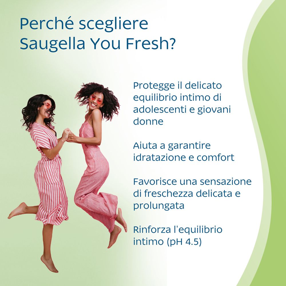 Deux femmes. Texte : Pourquoi choisir Saugella You Fresh ? Protège l'équilibre intime, hydrate.