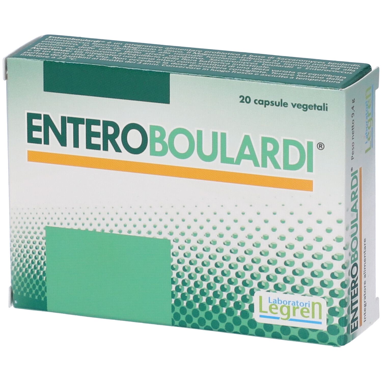 Boîte "Enteroboulardi". Emballage vert et blanc avec 20 gélules. Marque Legren.