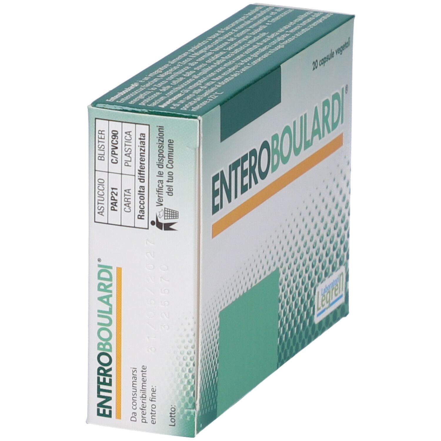 Boîte "Enteroboulardi" en biais. Emballage vert et blanc. Marque Legren.