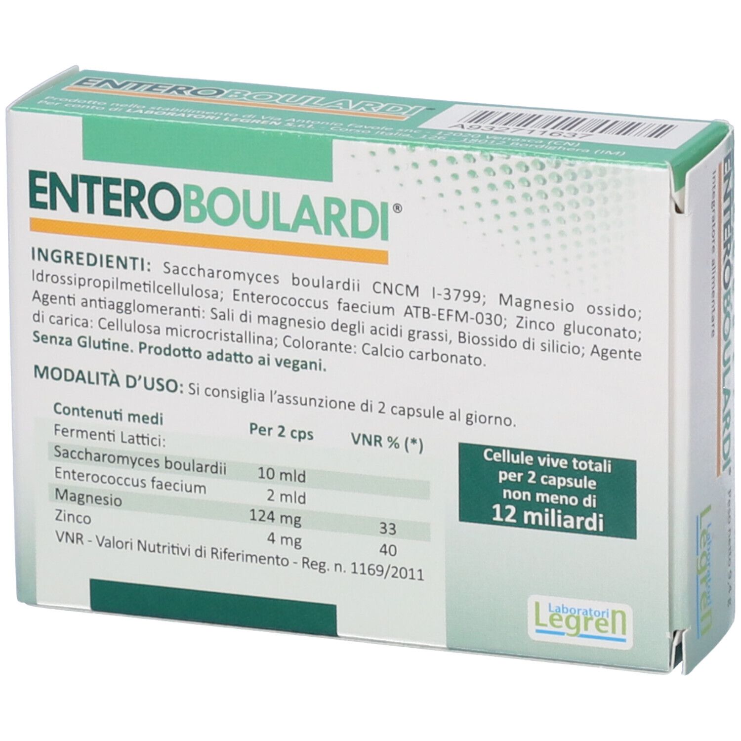 Dos de la boîte "Enteroboulardi". Liste des ingrédients et informations nutritionnelles. Marque Legren.