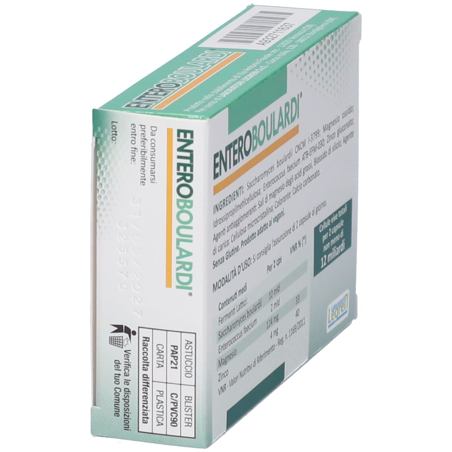 Boîte "Enteroboulardi" en biais. Liste des ingrédients et informations nutritionnelles. Marque Legren.