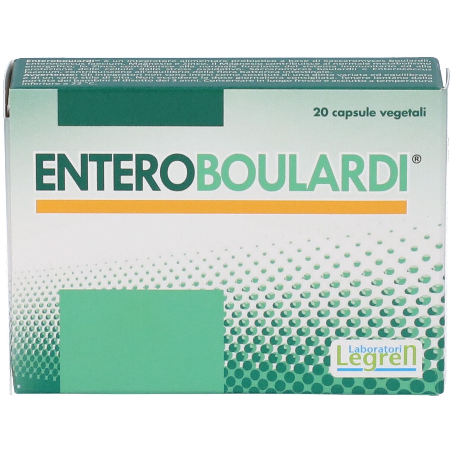 Boîte "Enteroboulardi". Emballage vert et blanc avec 20 gélules. Marque Legren.