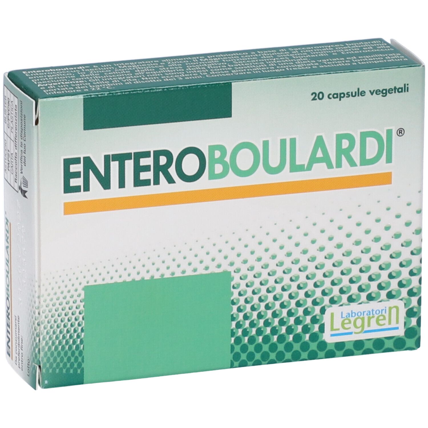 Boîte "Enteroboulardi". Emballage vert et blanc avec 20 gélules. Marque Legren.