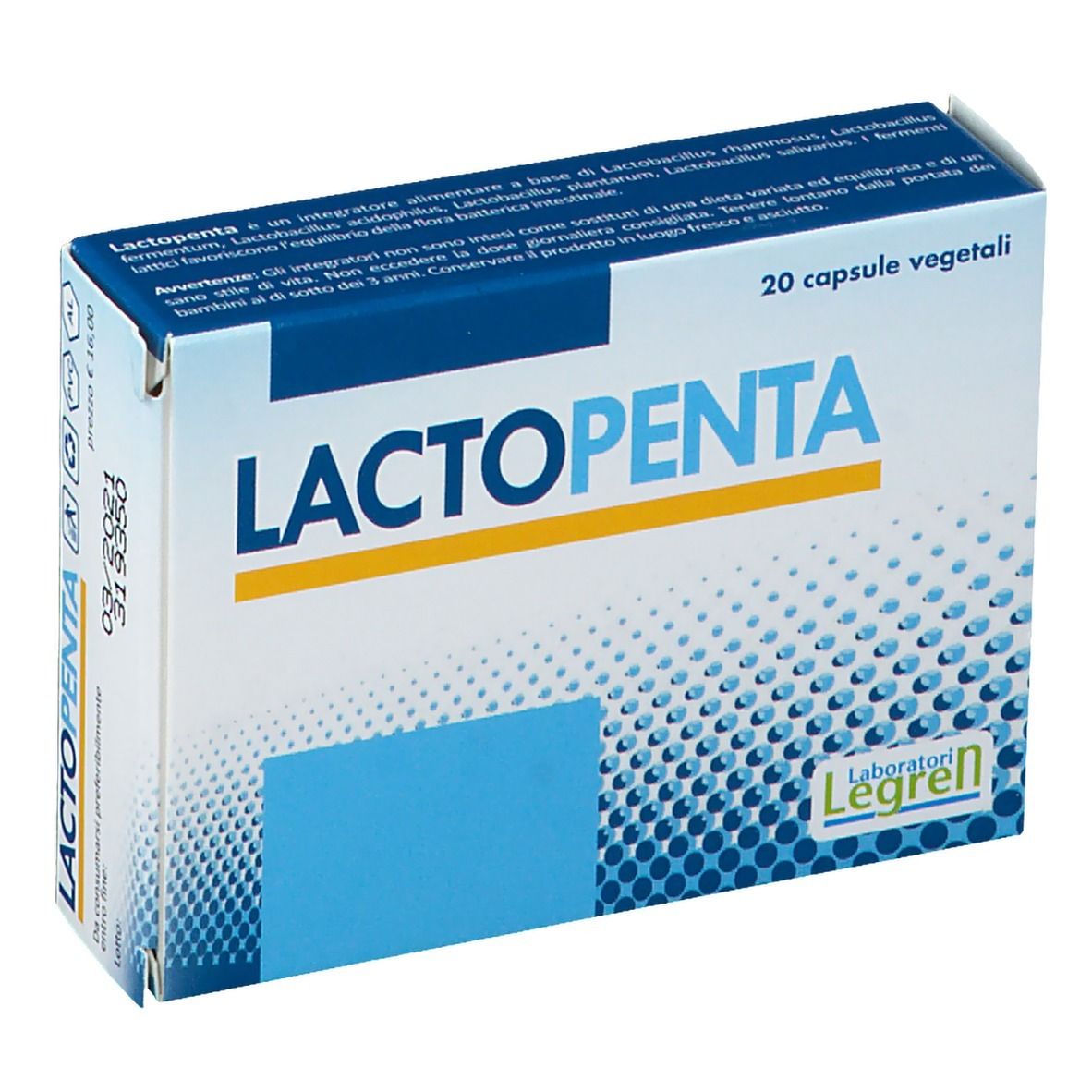 Boîte LACTOPENTA, 20 capsules végétales. Texte sur fond blanc. Marque Legren.