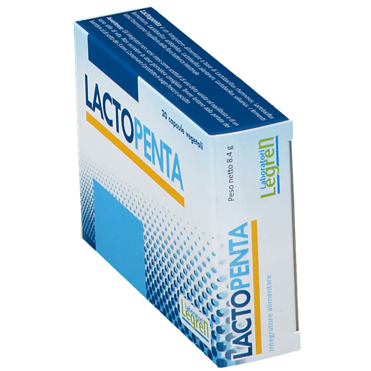 Boîte LACTOPENTA en biais, 20 capsules. Texte bleu et jaune sur fond blanc. Marque Legren.