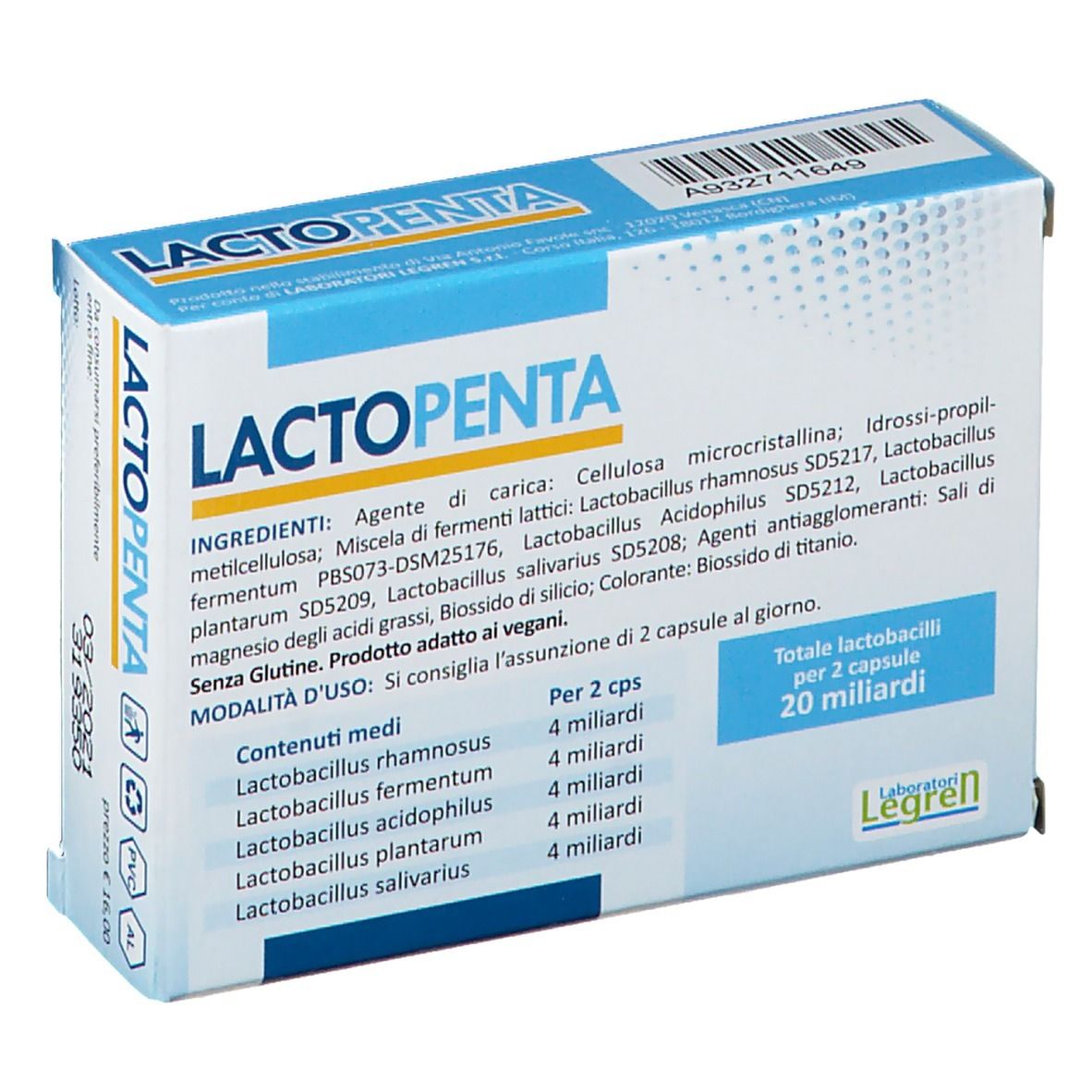 Dos de la boîte LACTOPENTA. Contient ingrédients et informations nutritionnelles. Marque Legren.