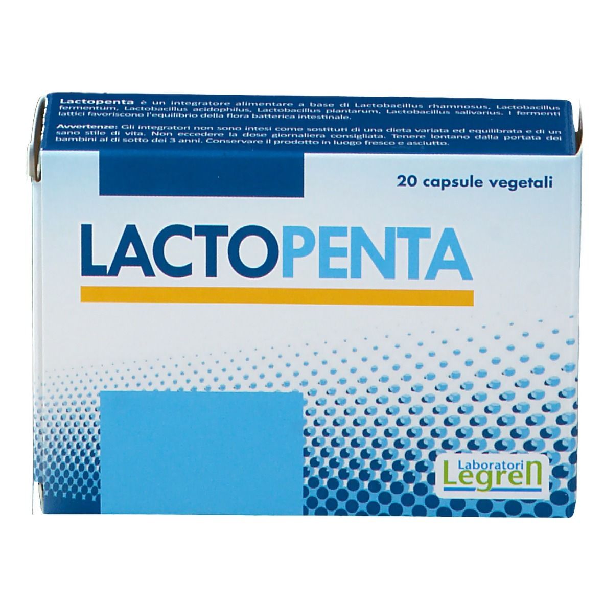 Boîte LACTOPENTA, 20 capsules végétales. Texte sur fond blanc. Marque Legren.