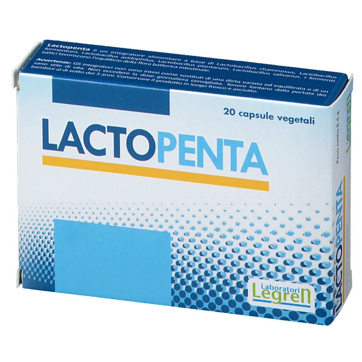 Boîte LACTOPENTA, 20 capsules végétales. Texte sur fond blanc. Marque Legren.