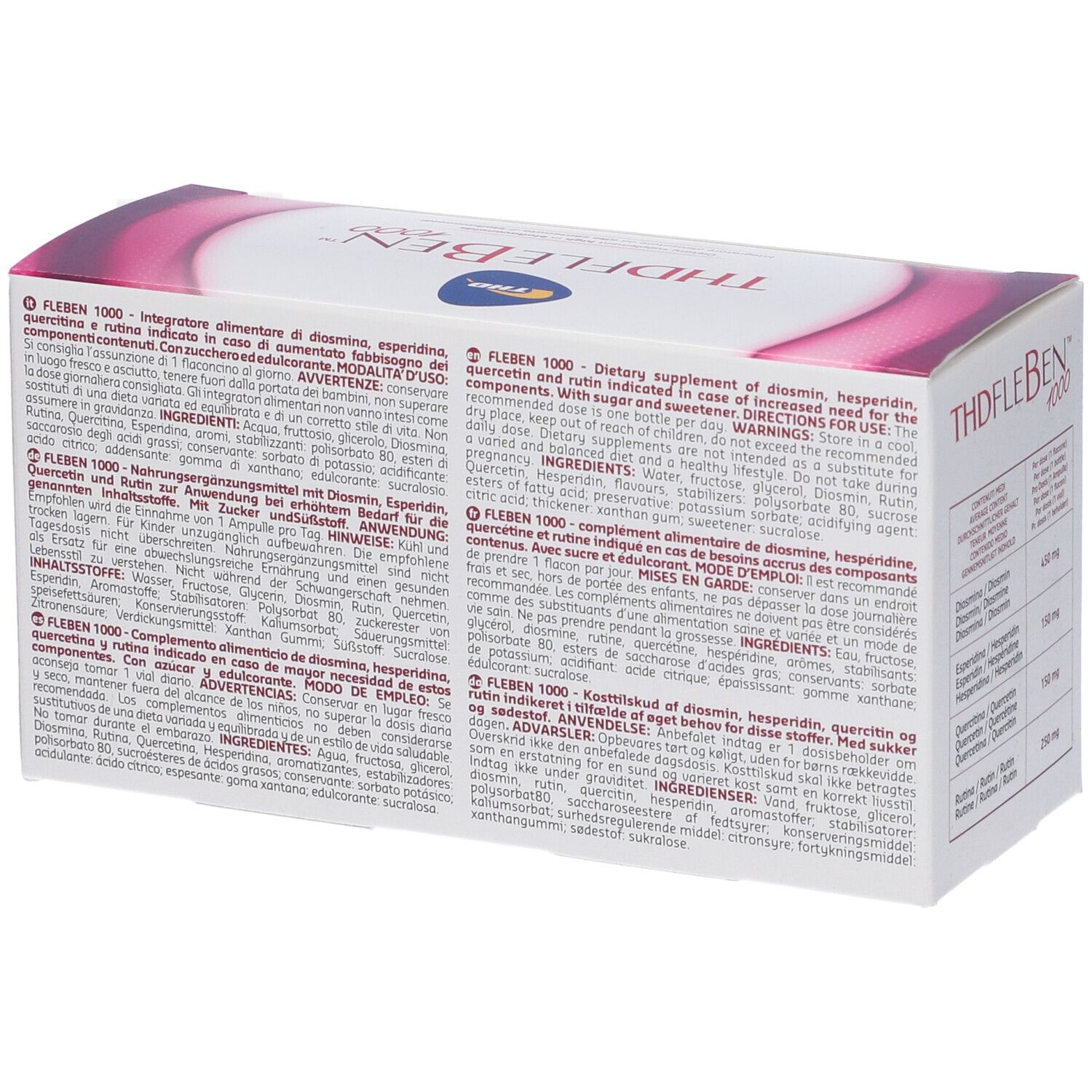 Boîte Fleben® 1000. Dos avec ingrédients et informations. Rose et blanc.
