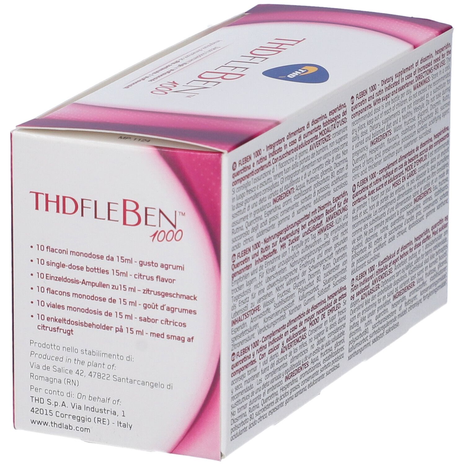 Boîte Fleben® 1000. Vue latérale avec ingrédients et informations. Rose et blanc.