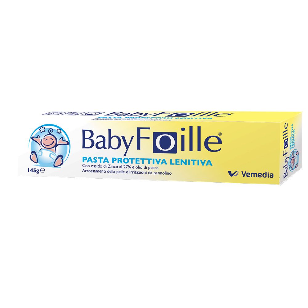 Gelbe Tube mit weißem Verschluss. Aufschrift BabyFoille, darunter Text. Links ein Baby-Symbol. 145g.