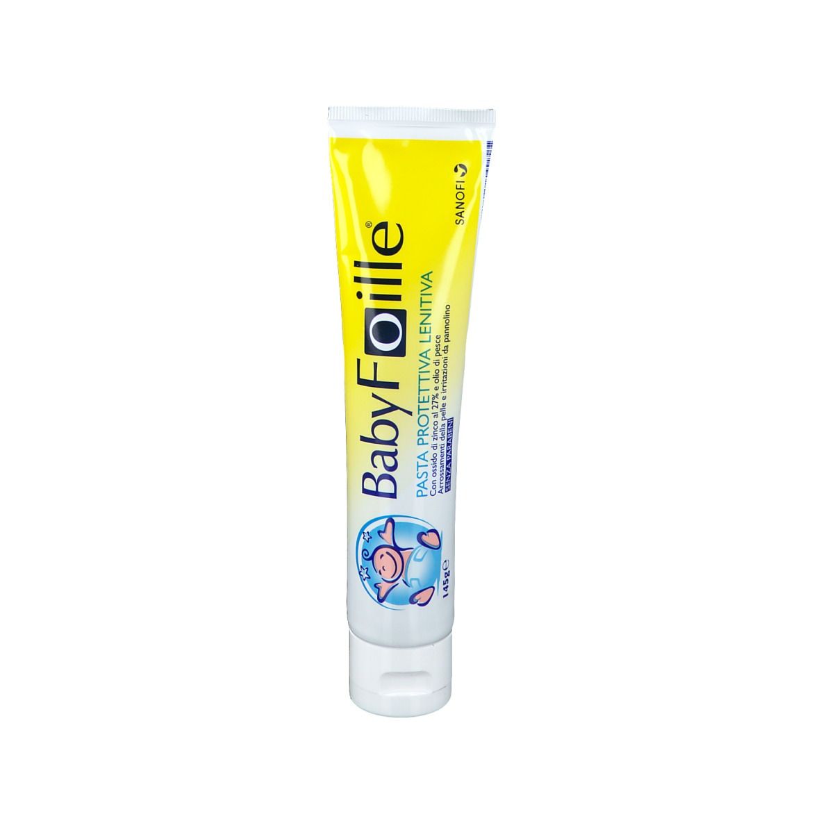 Gelbe Tube mit weißem Verschluss. Aufschrift BabyFoille, darunter Text. Links ein Baby-Symbol. 145g.