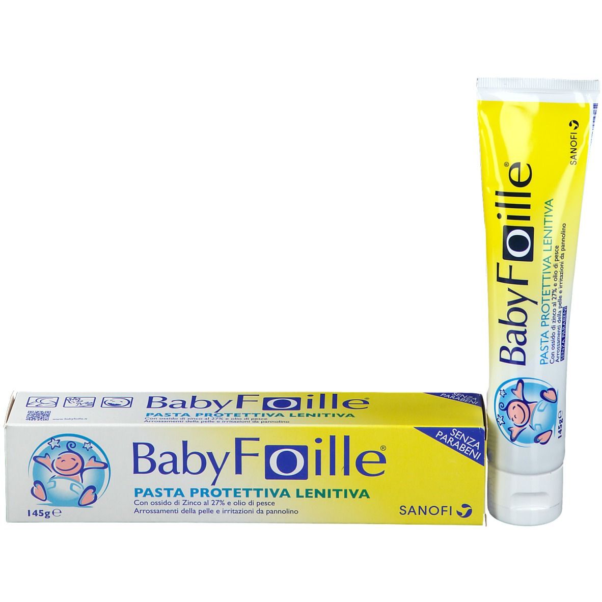 Produkt und Verpackung. Gelbe Schachtel und Tube. Aufschrift BabyFoille. Baby-Symbol. 145g. Ohne Parabene.