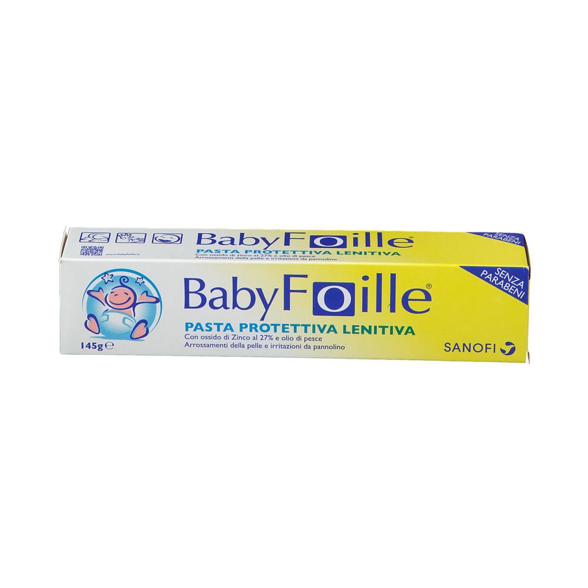 Gelbe Schachtel. Aufschrift BabyFoille, darunter Text. Baby-Symbol. 145g. Ohne Parabene.