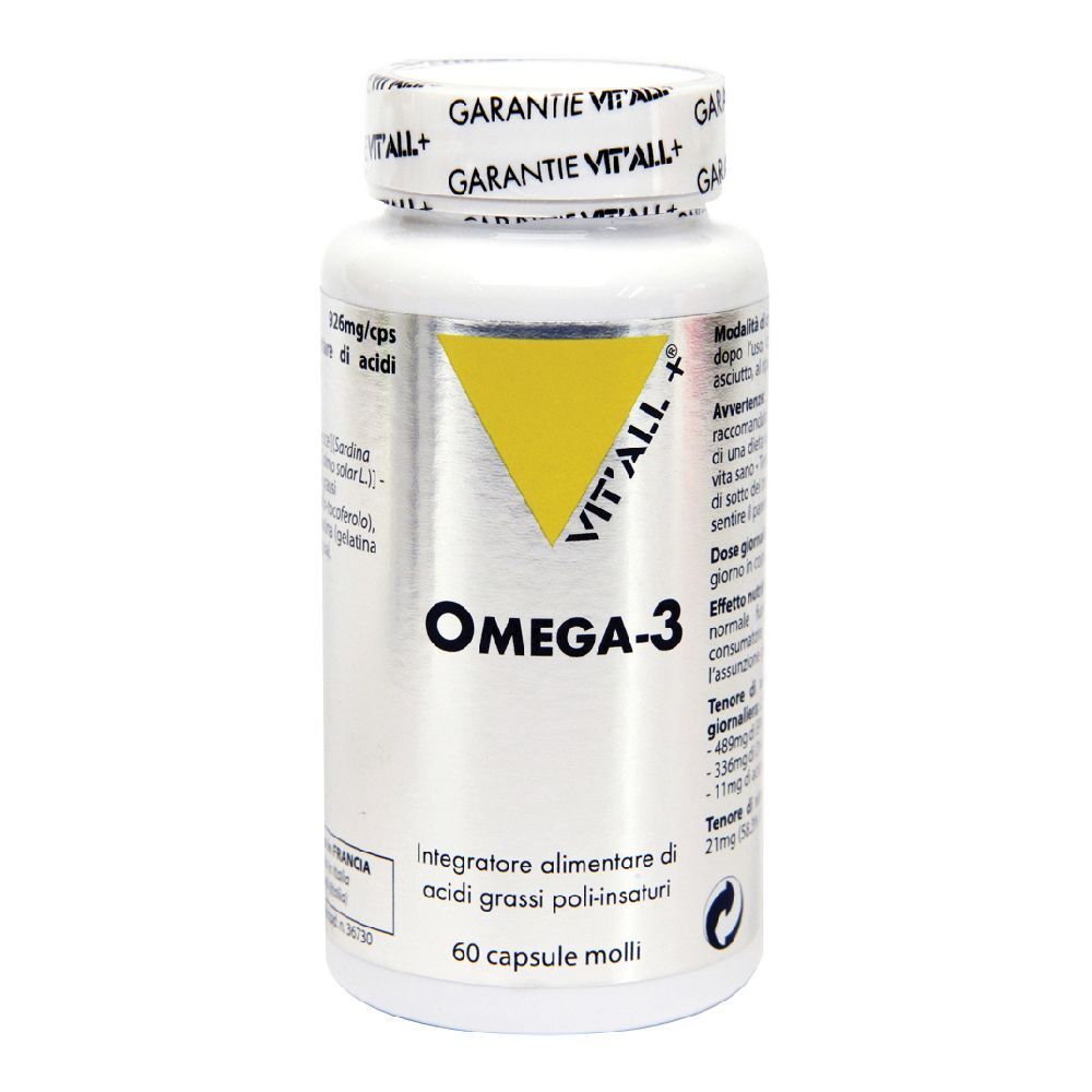 Flacon blanc de gélules. Inscription: VIT'ALL + Omega-3. Triangle jaune. 60 capsules.