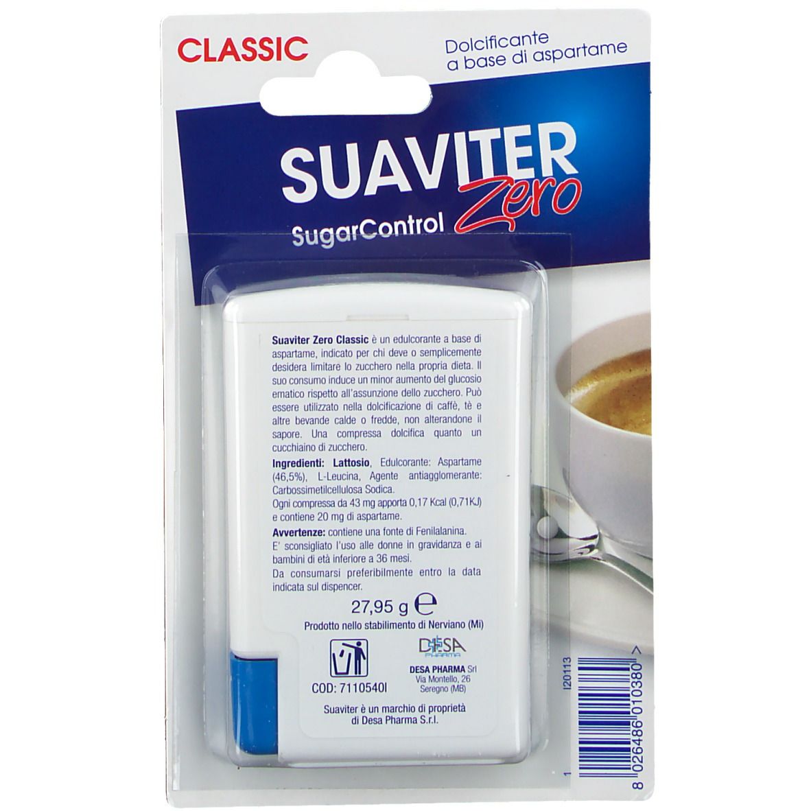 Emballage de comprimés édulcorants Suaviter Zero Classic. Comprimés blancs dans un récipient blanc.