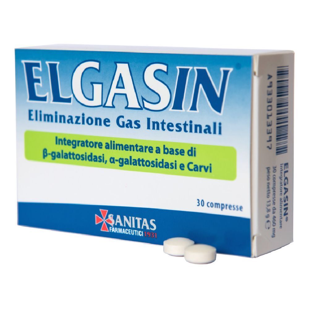 Boîte ELGASIN avec comprimés. Inscription: Eliminazione Gas Intestinali. 30 comprimés. Marque SANITAS Farmaceutici.