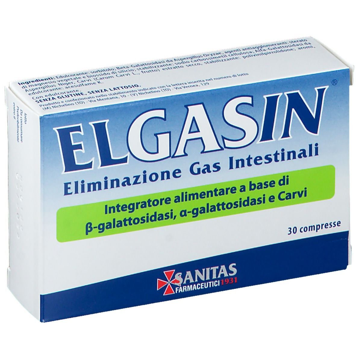 Boîte ELGASIN. Inscription: Eliminazione Gas Intestinali. 30 comprimés. Marque SANITAS Farmaceutici. Ingrédients.