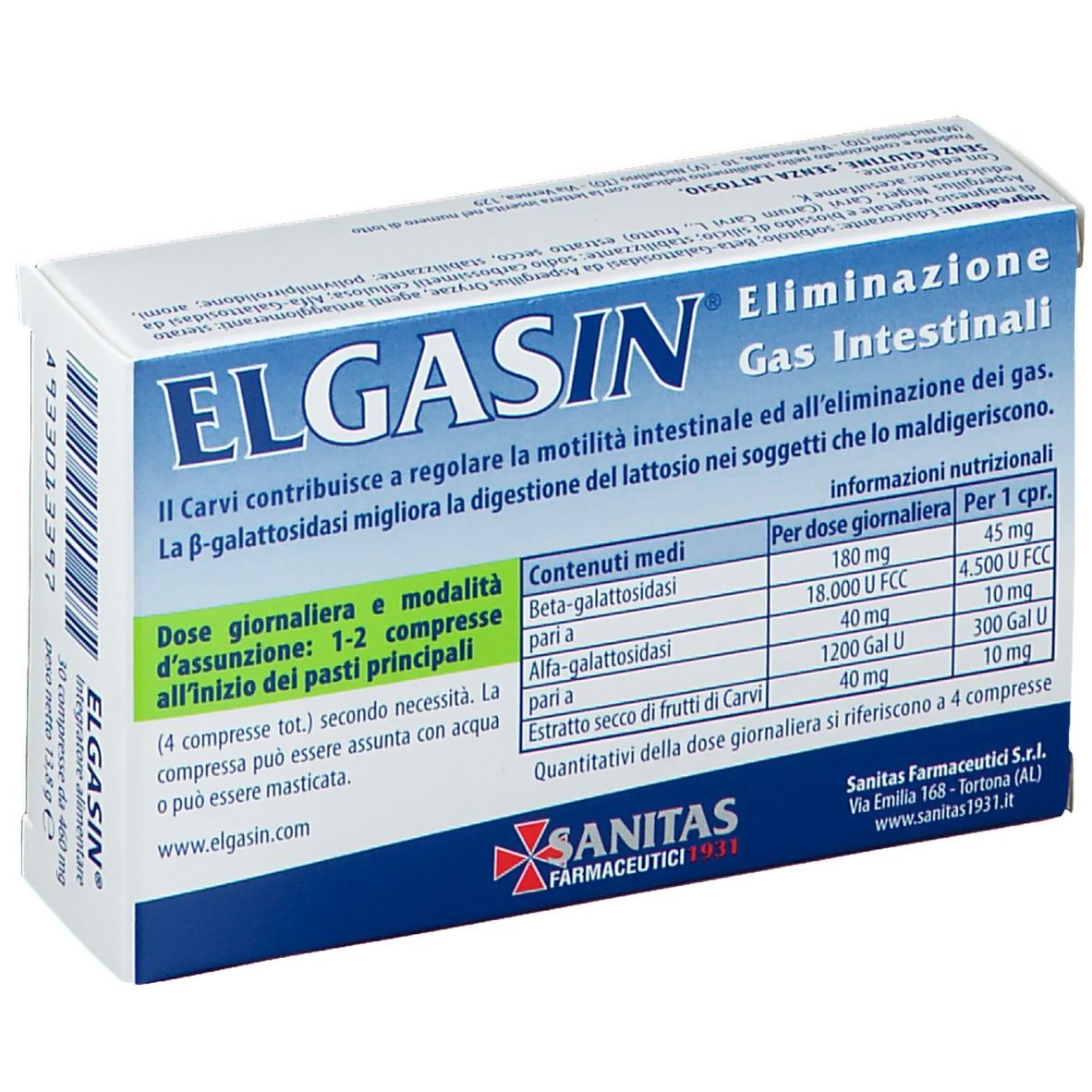 Boîte ELGASIN. Inscription: Eliminazione Gas Intestinali. 30 comprimés. Marque SANITAS Farmaceutici. Informations nutritionnelles.