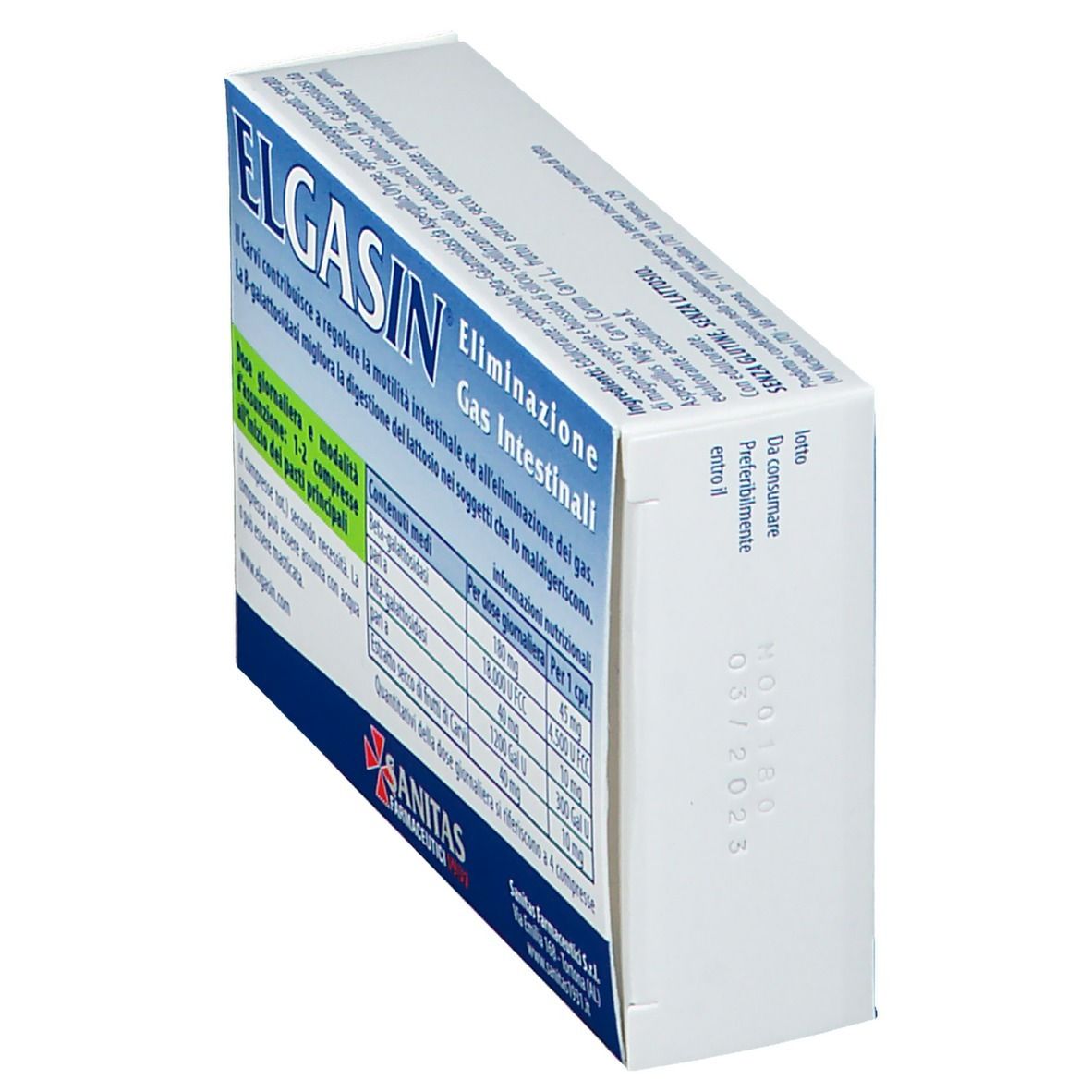 Boîte ELGASIN. Inscription: Eliminazione Gas Intestinali. 30 comprimés. Marque SANITAS Farmaceutici. Date de péremption.