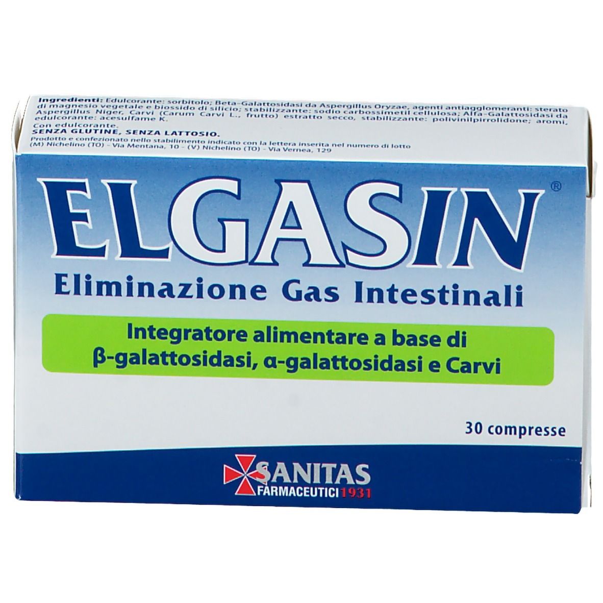 Boîte ELGASIN. Inscription: Eliminazione Gas Intestinali. 30 comprimés. Marque SANITAS Farmaceutici. Ingrédients.