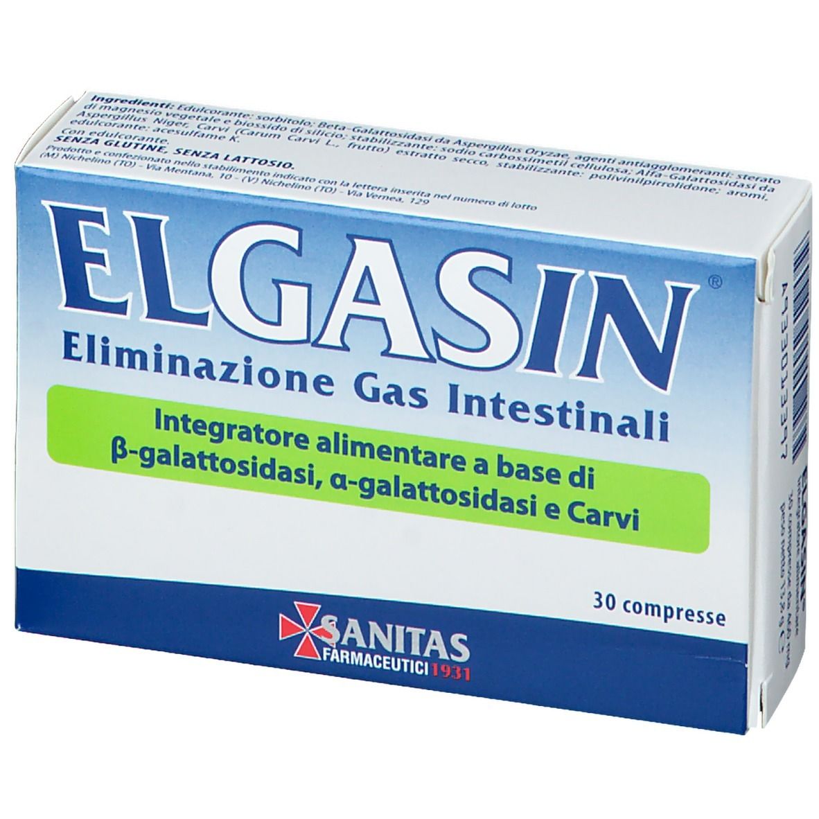 Boîte ELGASIN. Inscription: Eliminazione Gas Intestinali. 30 comprimés. Marque SANITAS Farmaceutici.