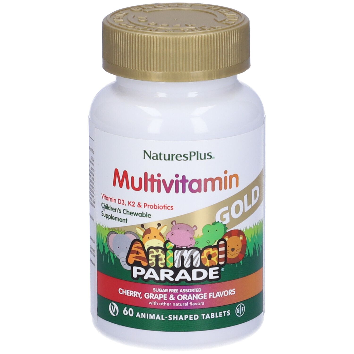 Flacon de multivitamines Animal Parade Gold. 60 comprimés en forme d'animaux. Saveurs cerise, raisin et orange.