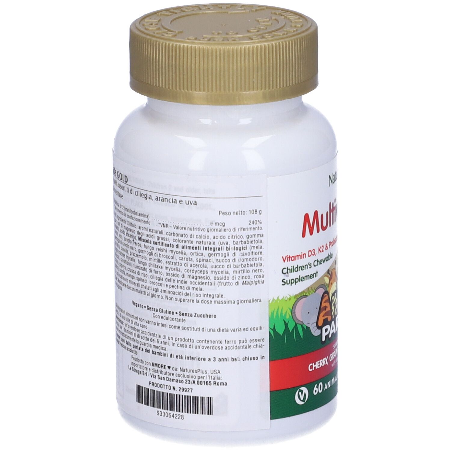 Dos du flacon Animal Parade Gold. Informations sur les ingrédients et les valeurs nutritionnelles.