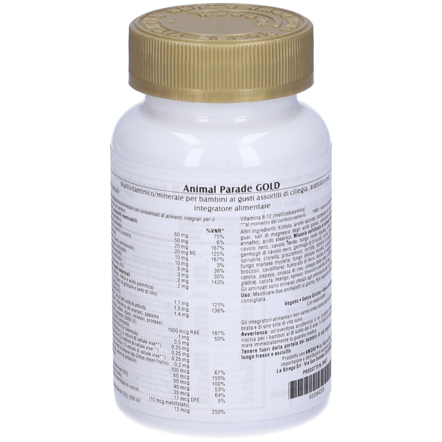 Dos du flacon Animal Parade Gold. Informations sur les ingrédients et les valeurs nutritionnelles.