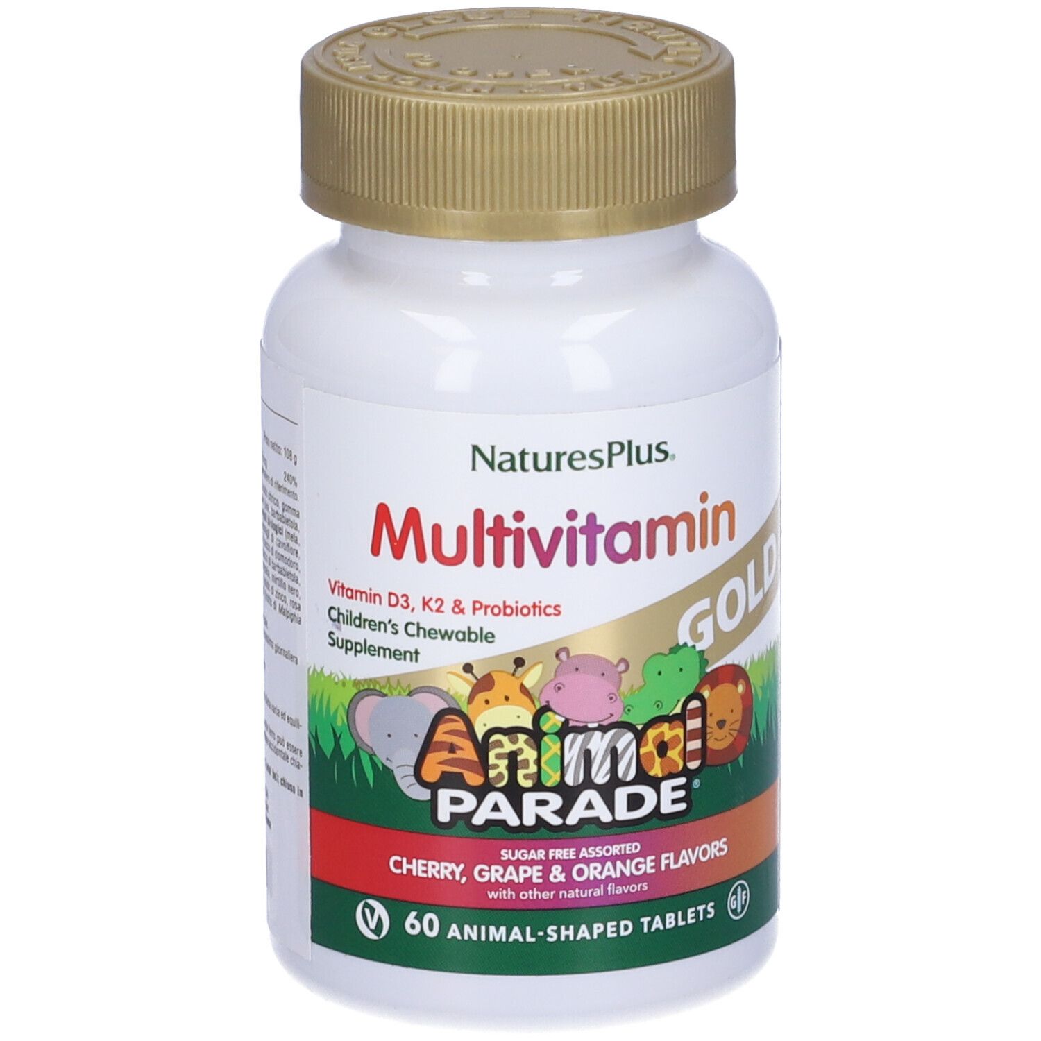 Flacon de multivitamines Animal Parade Gold. 60 comprimés en forme d'animaux. Saveurs cerise, raisin et orange.