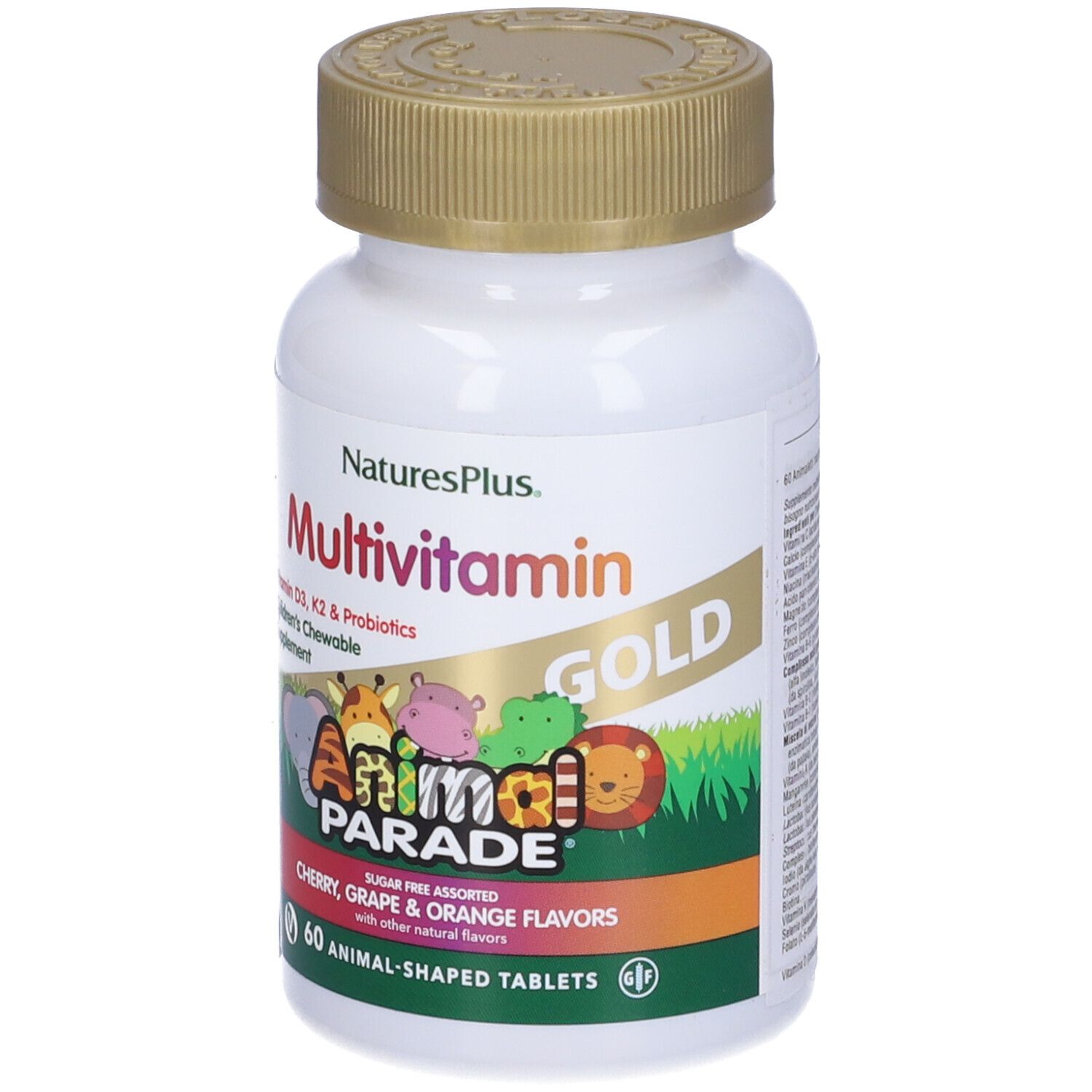 Flacon de multivitamines Animal Parade Gold. 60 comprimés en forme d'animaux. Saveurs cerise, raisin et orange.