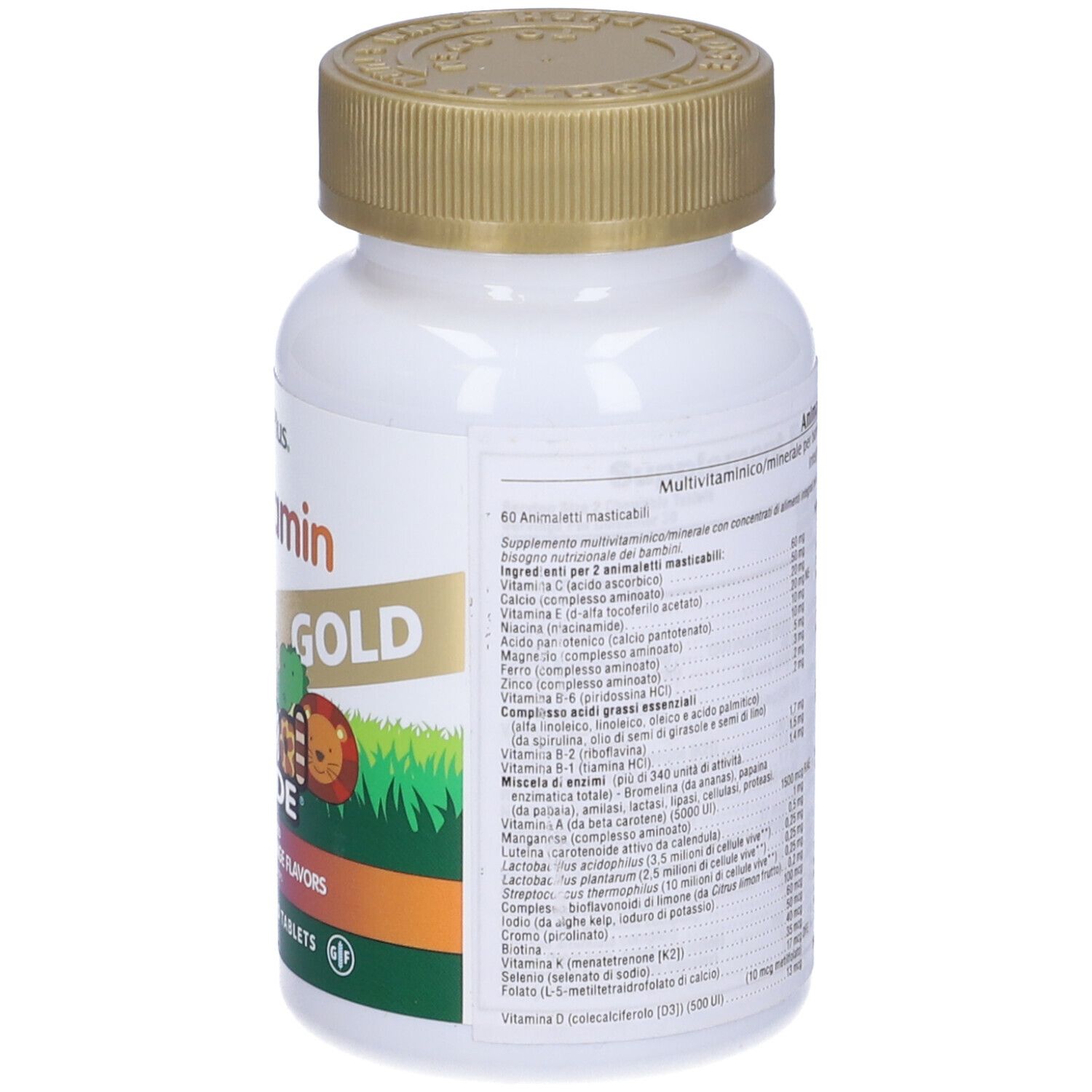 Dos du flacon Animal Parade Gold. Informations sur les ingrédients et les valeurs nutritionnelles.