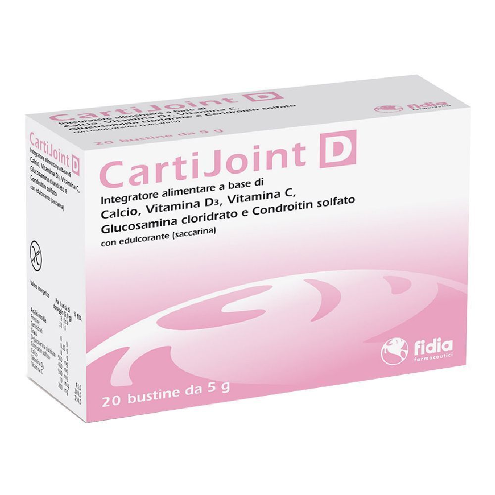 Boîte de CartiJoint D. Contient 20 sachets. Ingrédients: Calcium, Vitamine D3, Vitamine C, Glucosamine, Chondroïtine. Marque: Fidia.