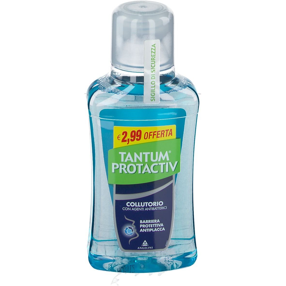 Mundspülung TANTUM® PROTACTIV in einer transparenten Flasche mit blauem Inhalt. Preisetikett: 2,99 €. Aufschrift: COLLUTORIO, BARRIERA PROTETTIVA ANTIPLACCA.