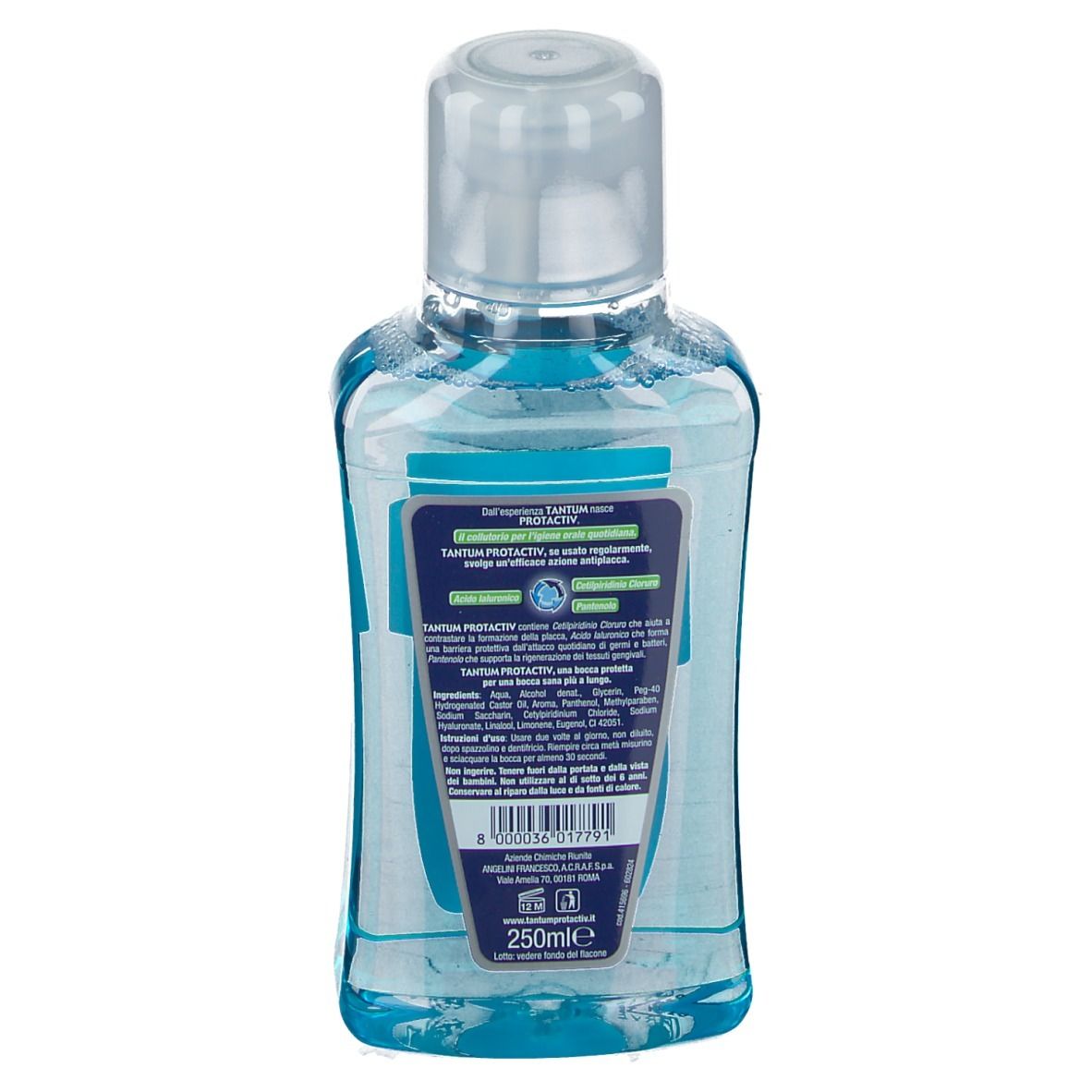 Rückseite der TANTUM® PROTACTIV Mundspülungsflasche. Produktinformationen, Inhaltsstoffe, Herstellerangaben. Volumen: 250ml.