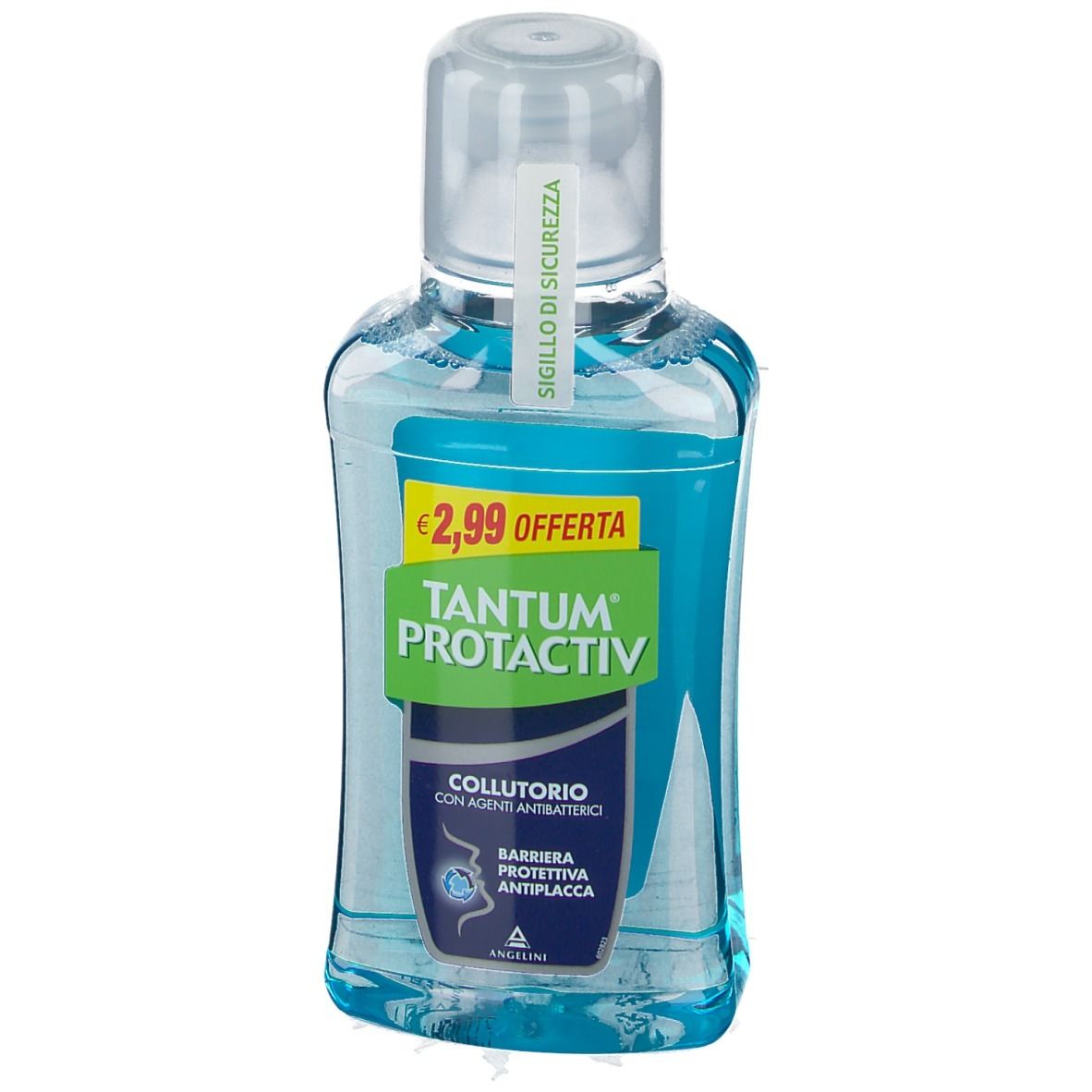 TANTUM® PROTACTIV Mundspülung in transparenter Flasche mit blauem Inhalt. Preisetikett: 2,99 €. Aufschrift: COLLUTORIO, BARRIERA PROTETTIVA ANTIPLACCA.