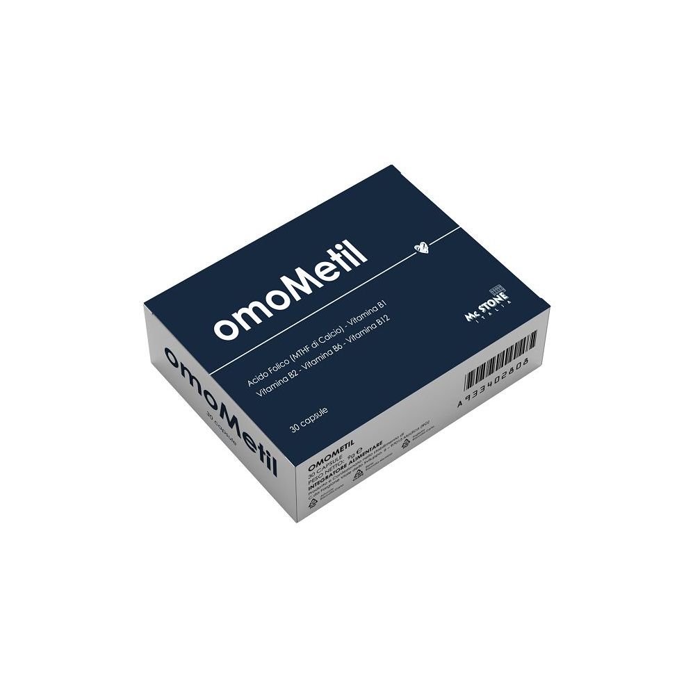 Boîte bleu foncé avec inscription blanche "omoMetil". Contient 30 gélules. Marque McStone.
