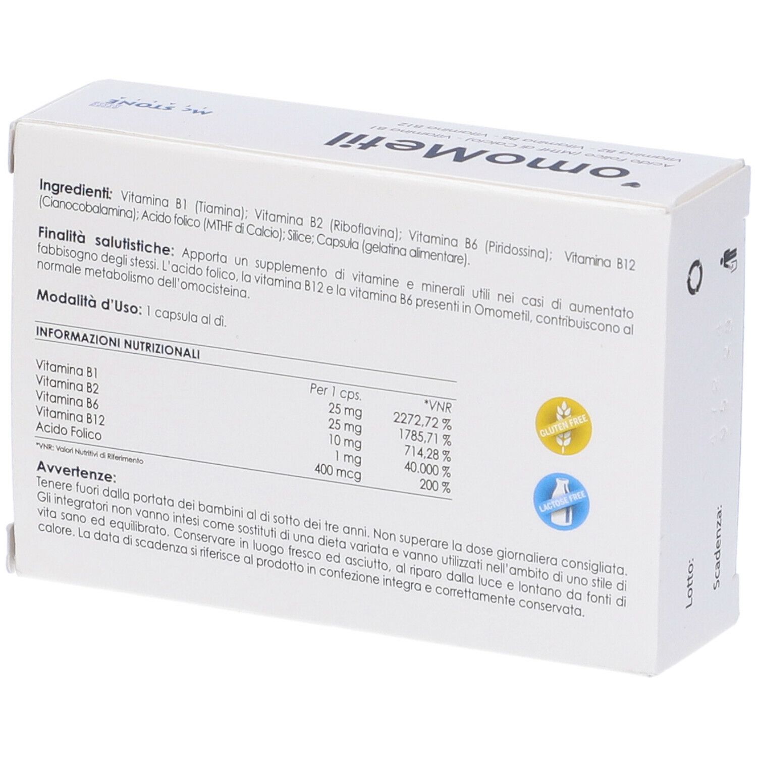 Dos de la boîte avec ingrédients et informations nutritionnelles. Contient vitamines et minéraux. Marque McStone.
